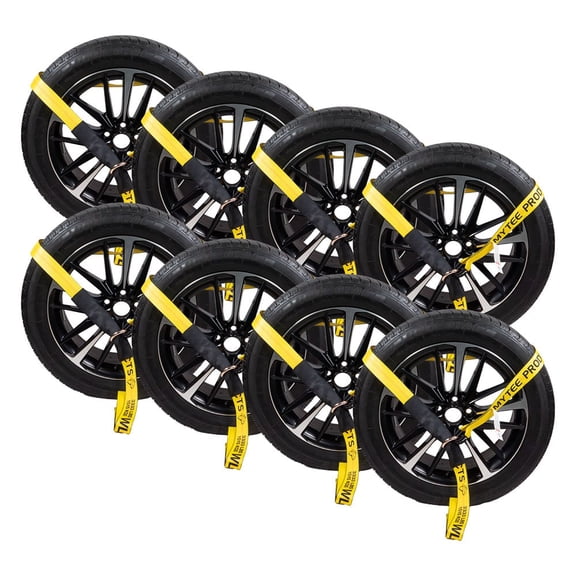 8 Pack 2" x 8' Tire Lasso Tie Down Strap with Steel O-Ring & Cordura Sleeve - HI-VIZ Yellow Wheel Lift Strap for Car Haulers, Auto Transport & Vehicle Towing, 3,333 lbs WLL