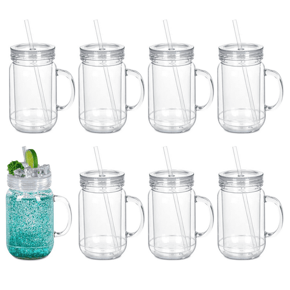 8 Pack 20oz Acrylic Snowglobe Tumbler With Handle, Snow Globe Cups with Pre Drilled Hole, Double Wall Plastic Mason Jars with Handle for Snow Globe Glitter DIY