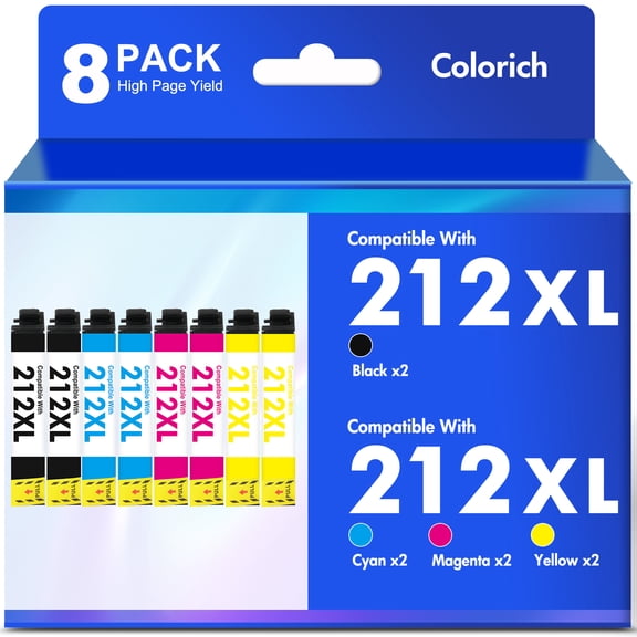 8-Pack 212XL Ink Cartridges Compatible for Epson 212 212XL Printer Ink Combo Pack for WorkForce WF-2850 WF-2830 Expression Home XP-4100 XP-4105 (Black, Cyan, Magenta, Yellow)