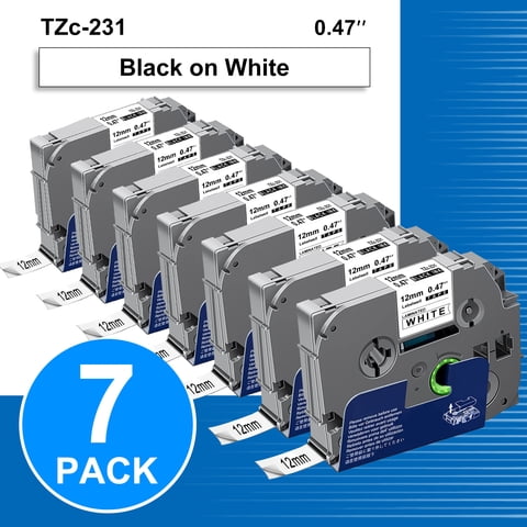 7-Pack 231 Label Maker Tape for Brother P Touch TZe231 Tape Label Tape 12mm 0.47 Inch Laminated White Label Maker Tape TZe-231 for P Touch PT-D210 PTH110 PT-D220 PTD600, 26.2 Feet