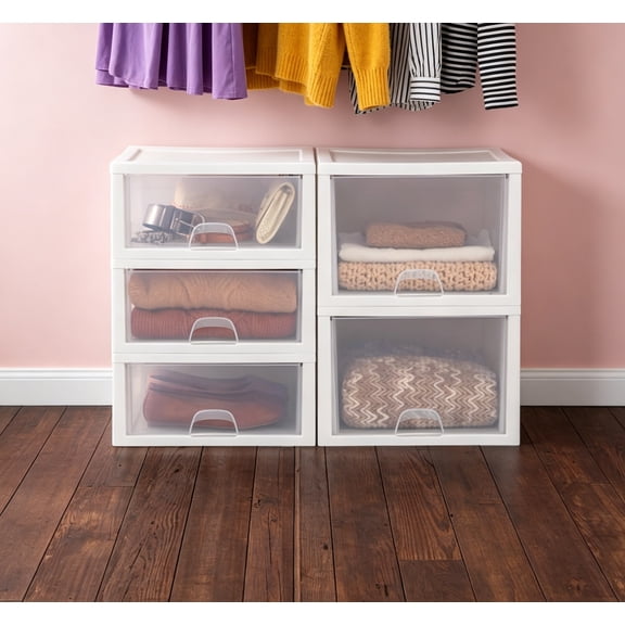 8-Pack 27 Quart Stacking Drawer, Clear Storage Closet Organizer, White Frame, Stackable Modular Plastic Drawers for Clothes, Accessories, Craft Supplies, Shoes or Linens
