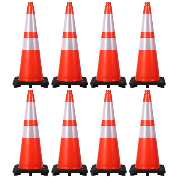 8 Pack 28" PVC Traffic Cones, Black Base Orange Safety Cones with Reflective Collar for Parking Lot, Construction Work, Road Safety Weatherproof