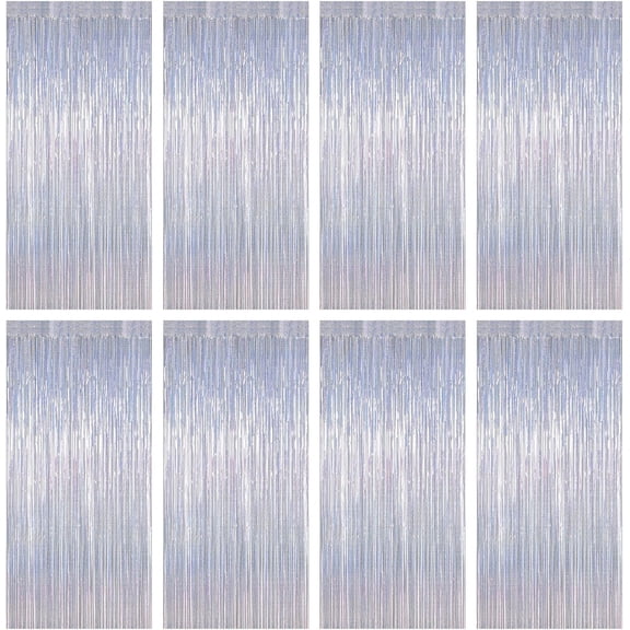 8 Pack 3.28 FT x 7.05 FT Tinsel Foil Fringe Backdrop, Glitter Silver Fringe Tinsel, Metallic Foil Curtains Door Streamer Disco Photo Backdrop Foil Streamer Decor Engagement Party Supplies