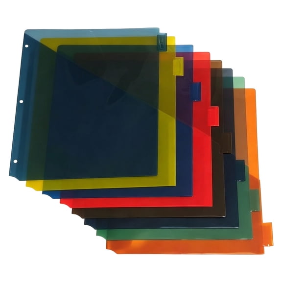 8 Pack 3-Hole Dividers with Double Slant Pockets, Transparent Colored PP Plastic Index Separators, Reusable Write & Erase Tab File Dividers for 3-Ring Binders.