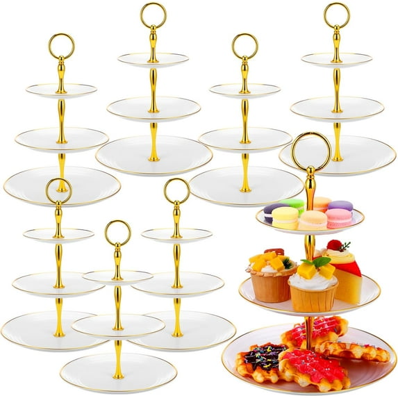 8 Pack 3 Tier Cupcake Stand Bulk Tiered Dessert Stand Thick Plastic Serving Tray with Gold Edges Dessert Table Display Set Tea Cake Holder for Wedding Birthday Party(Clear)