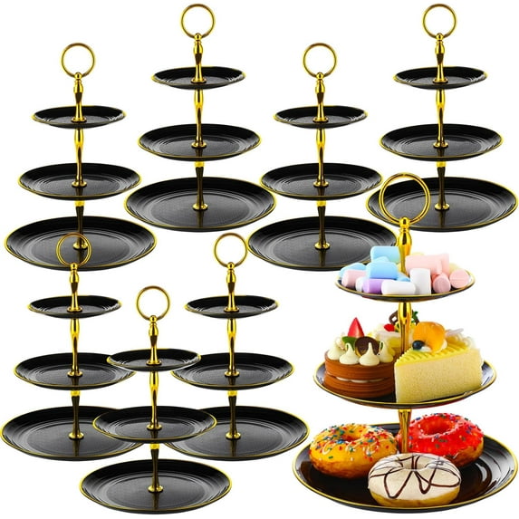 8 Pack 3 Tier Cupcake Stand Bulk Tiered Dessert Stand Thick Plastic Serving Tray with Gold Edges Dessert Table Display Set Tea Cake Holder for Wedding Birthday Party (Black)
