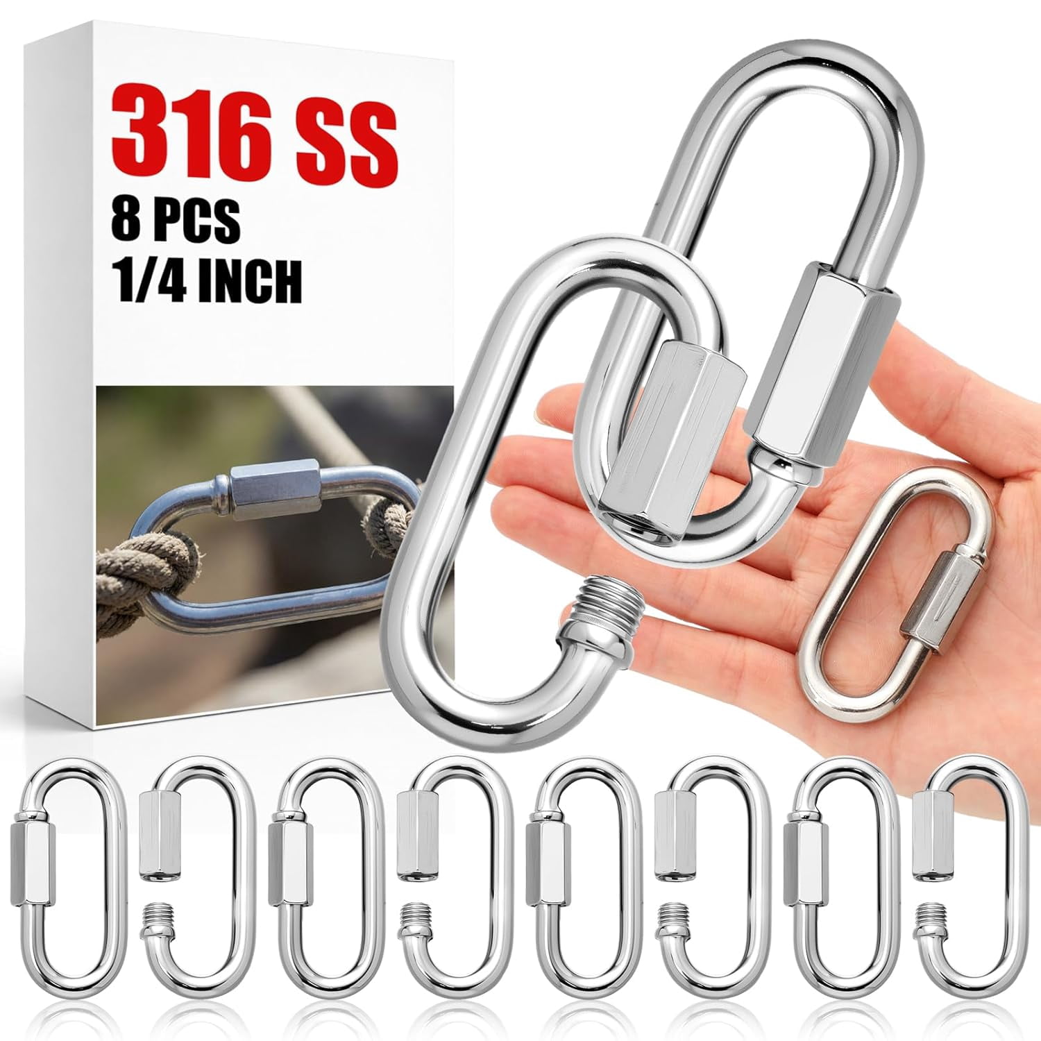 8 Pack 316 Stainless Steel Heavy Duty Quick Links D-Shape Locking Chain Connectors 875-2300 Lbs Working Load Marine Grade Safety for Towing Camping Industrial Use(1/4")