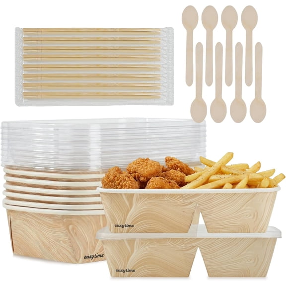 8 Pack 32oz Paper Lunch Box Bento Boxes, 2-Compartment Food Storage Containers with Lids, Leakproof Soak-Proof Microwave Safe, Disposable To Go Boxes for Picnic Office Catering, Transparent Lid