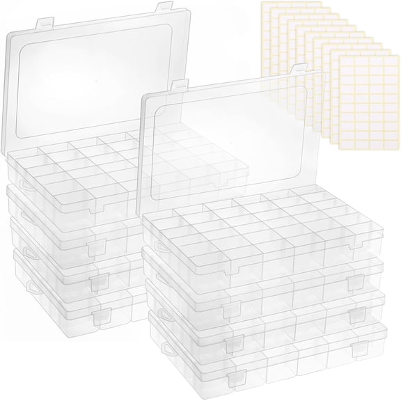 8 Pack 36 Grids Clear Plastic Storage Boxes with Adjustable Dividers, Beads Storage Containers, and DIY Crafts Organization, Screw & Hardware Sorting with 10 Label Stickers