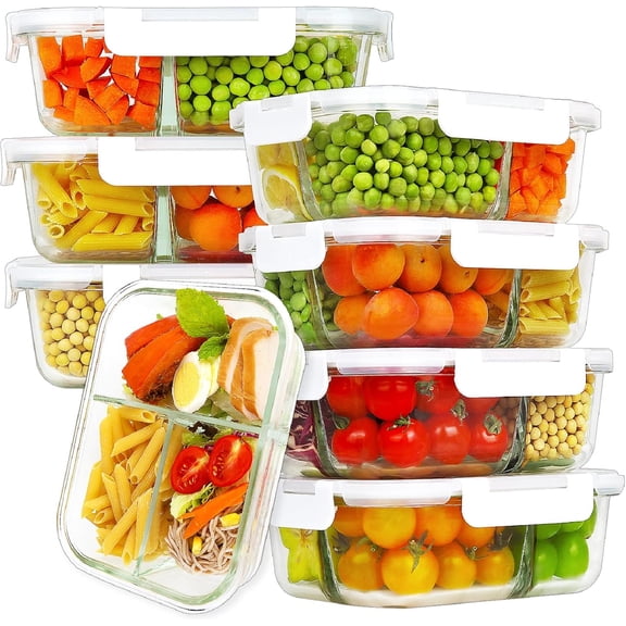 8 Pack 36 oz Borosilicate Glass 3-Compartment Meal Prep Containers with Lids in Deep White