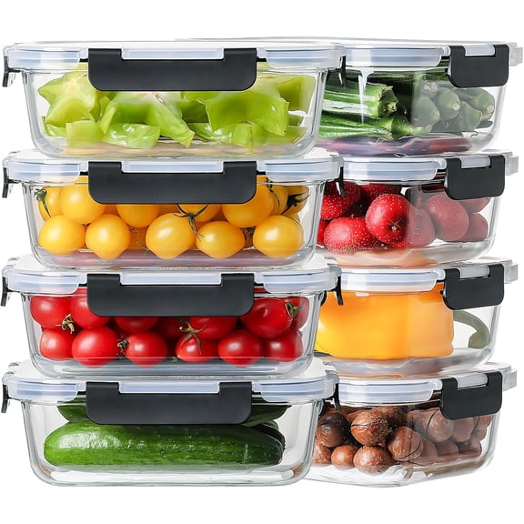 8 Pack 36oz Glass Meal Prep Containers with Leak-Proof Snap Lock Lids, Airtight Lunch Boxes, Oven, Freezer & Dishwasher Safe Food Storage