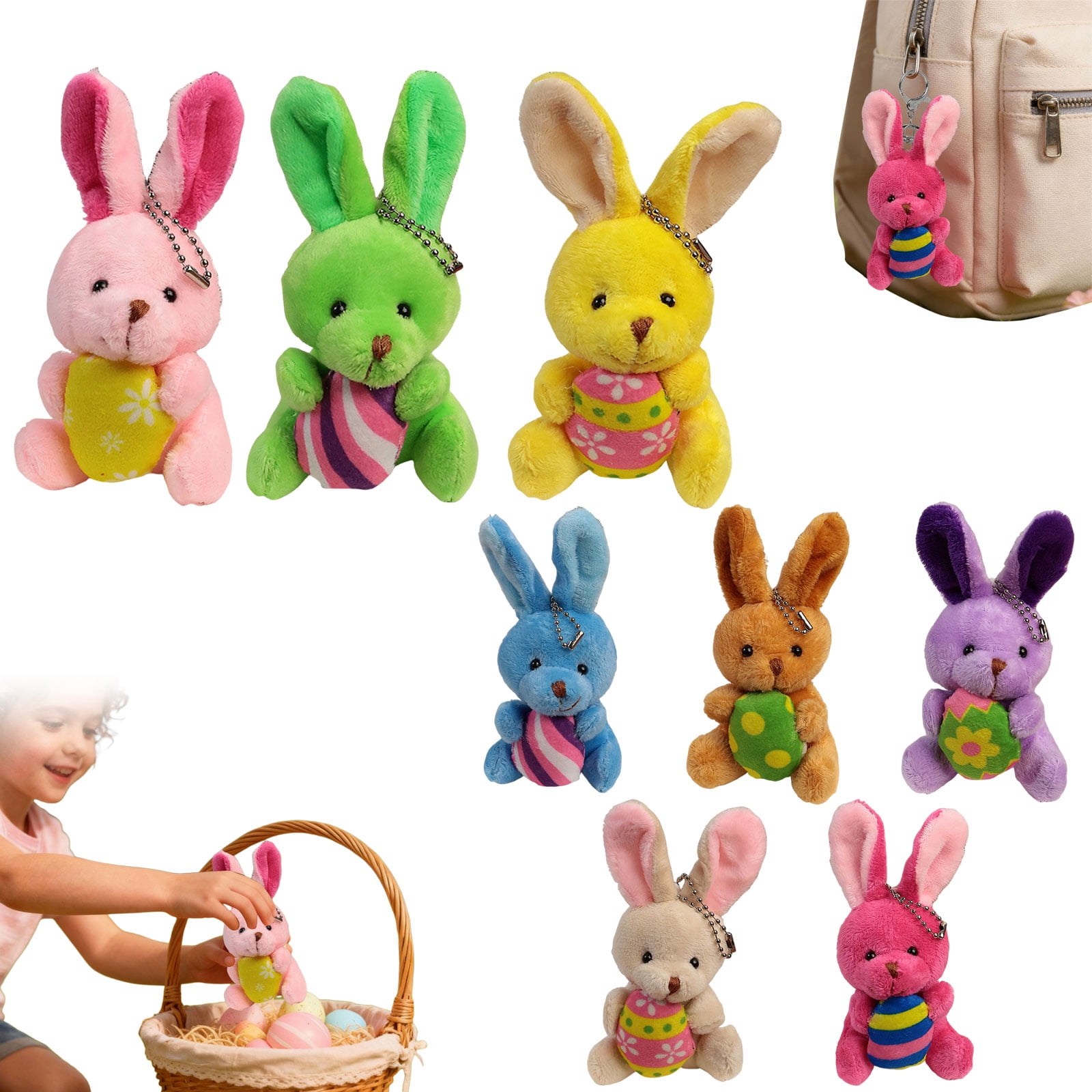 8 Pack 4.5 Inch Easter Plush Bunnies Keychain Eggs Stuffed
