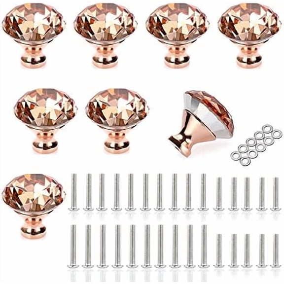 8 Pack 40mm Glass Crystal Cabinet Handles Knobs, Rose Gold Diamond Glass Handle Decorative Drawer Knob Modern Cupboard Door Handle Knobs for Dresser Drawer Cabinet Closet