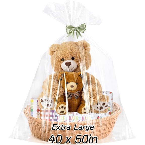 8 Pack 40x50 Inch Clear Cellophane Bags with Ribbon Bows - Extra Large Gift Wrap for Oversized Baskets, Wedding & Party Supplies