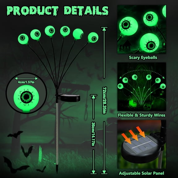 8 Pack 48 LED Halloween Solar Lights, 2 Modes Outdoor Halloween Eyeball Pathway Lights, Solar Spooky Light Waterproof, Green Swaying Lighting for Path Yard Garden Lawn