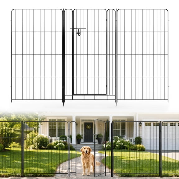 8-Pack 48in Black Metal No-Dig Garden Fence, 17.7ft Decorative Yard Barrier with Low Gate