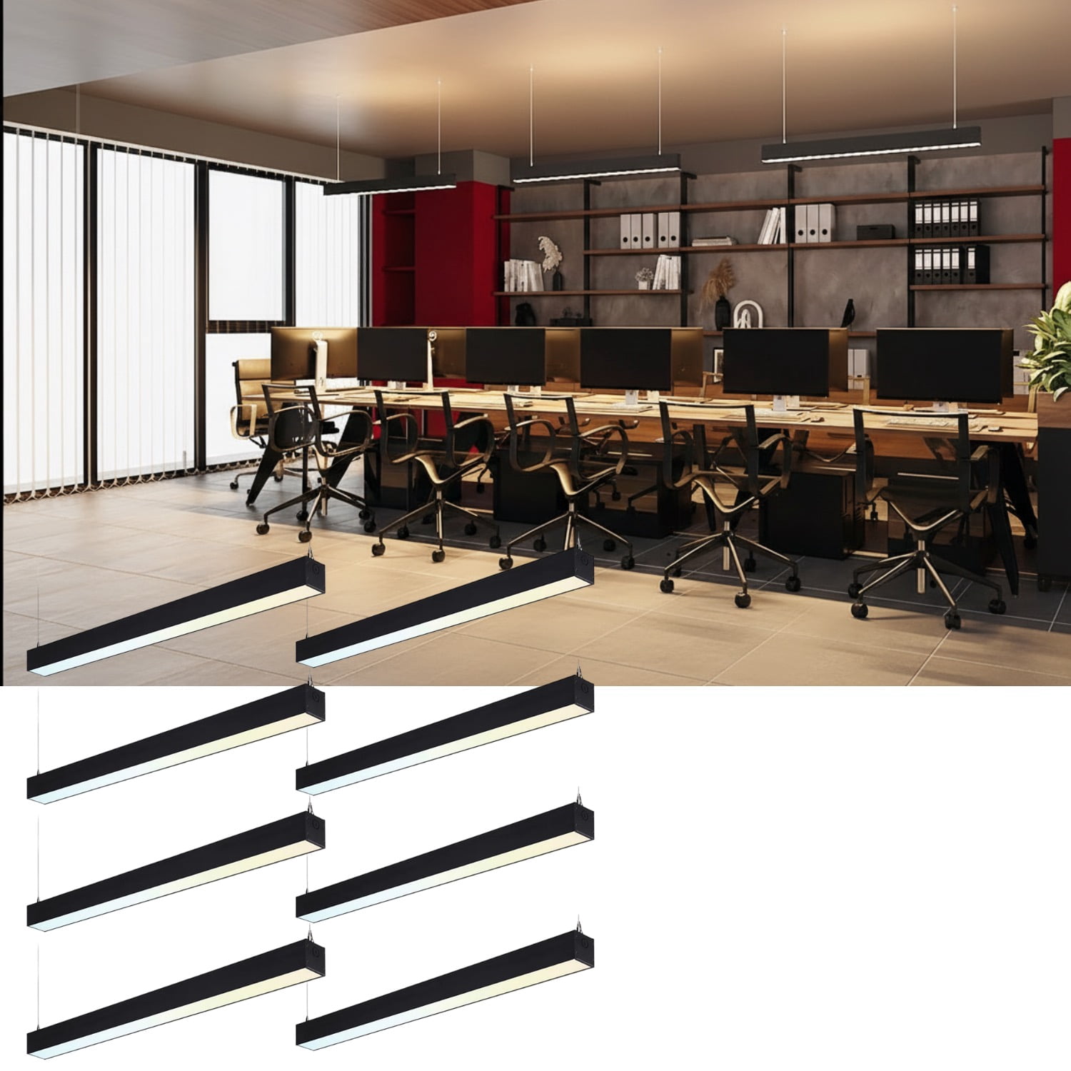 8 Pack 4FT Linkable LED Linear Light, 3CCT Dimmable Suspension Office Lighting Fixture, 40W, Matte Black Aluminum Housing, ETL Listed