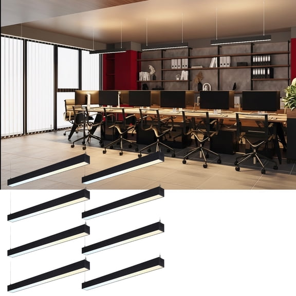 8 Pack 4FT Linkable LED Linear Light, 3CCT Dimmable Suspension Office Lighting Fixture, 40W, Matte Black Aluminum Housing, ETL Listed