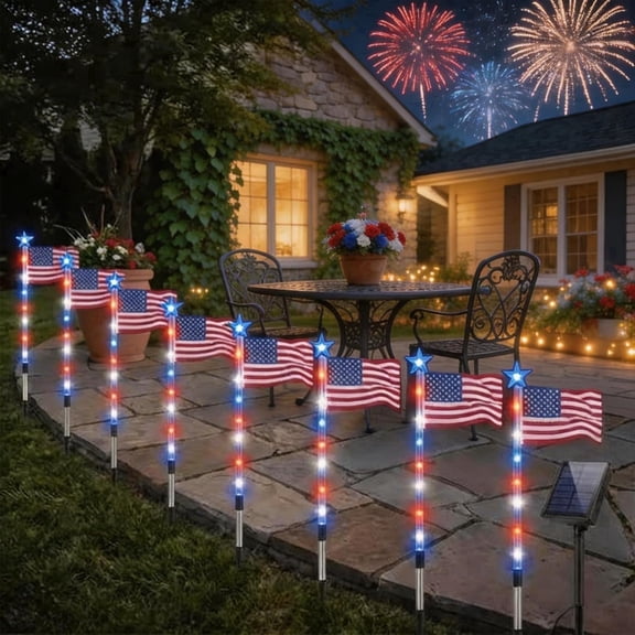 8 Pack 4th of July Solar American Flag Pathway Lights With 8 Modes - Patriotic Red Blue LED Outdoor Yard Garden Decorations For 4th