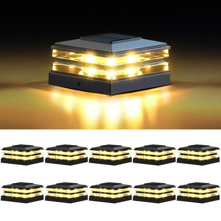 [10 Pack] 4x4 Solar Post Cap Lights Outdoor Waterproof Fence Deck Post Lights with High-Brightness LEDs, Dual Light Modes Warm & Cool White. (Black,10)