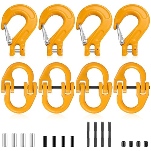 8 Pack 5/16" Clevis Slip Hook and Chain Connector Link Set, G80 Hammerlock Coupling Link and Heavy Duty Chain Hooks, 4400 Lbs Working Load Limit for Lifting Towing Trailers, Yellow
