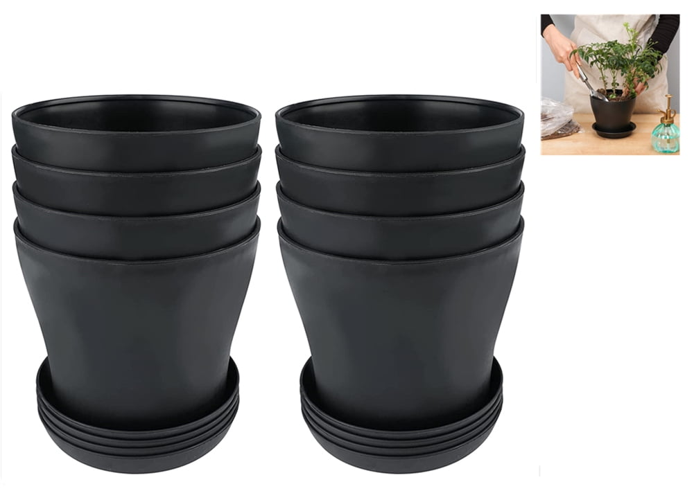 8 Pack 5.5 inch Plastic Planters, Plastic Indoor Planter Flower Pots, Topboutique Stylish 5.5 Inch Plant Pots for Indoor Plants with Drainage Holes and Tray for Plants, Flowers, Black