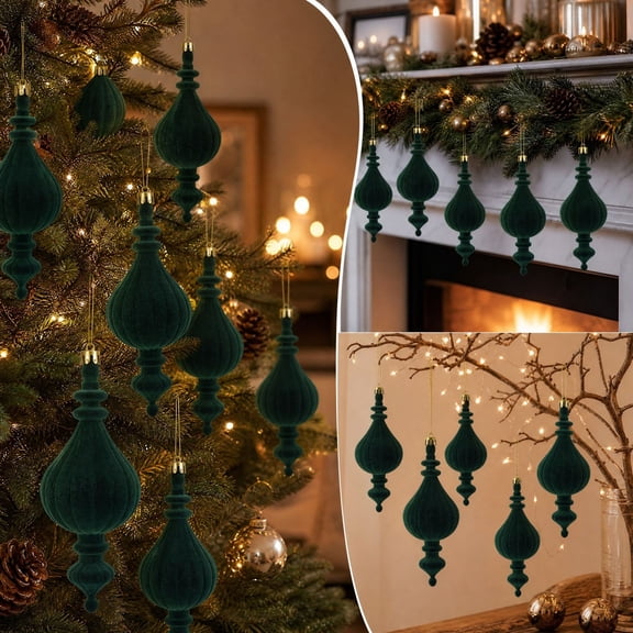 8 Pack 5.91 Inch Dark Green Flocked Christmas Ball Ornaments Shatterproof Velvet Hanging Tree Baubles for Xmas home Party Decor