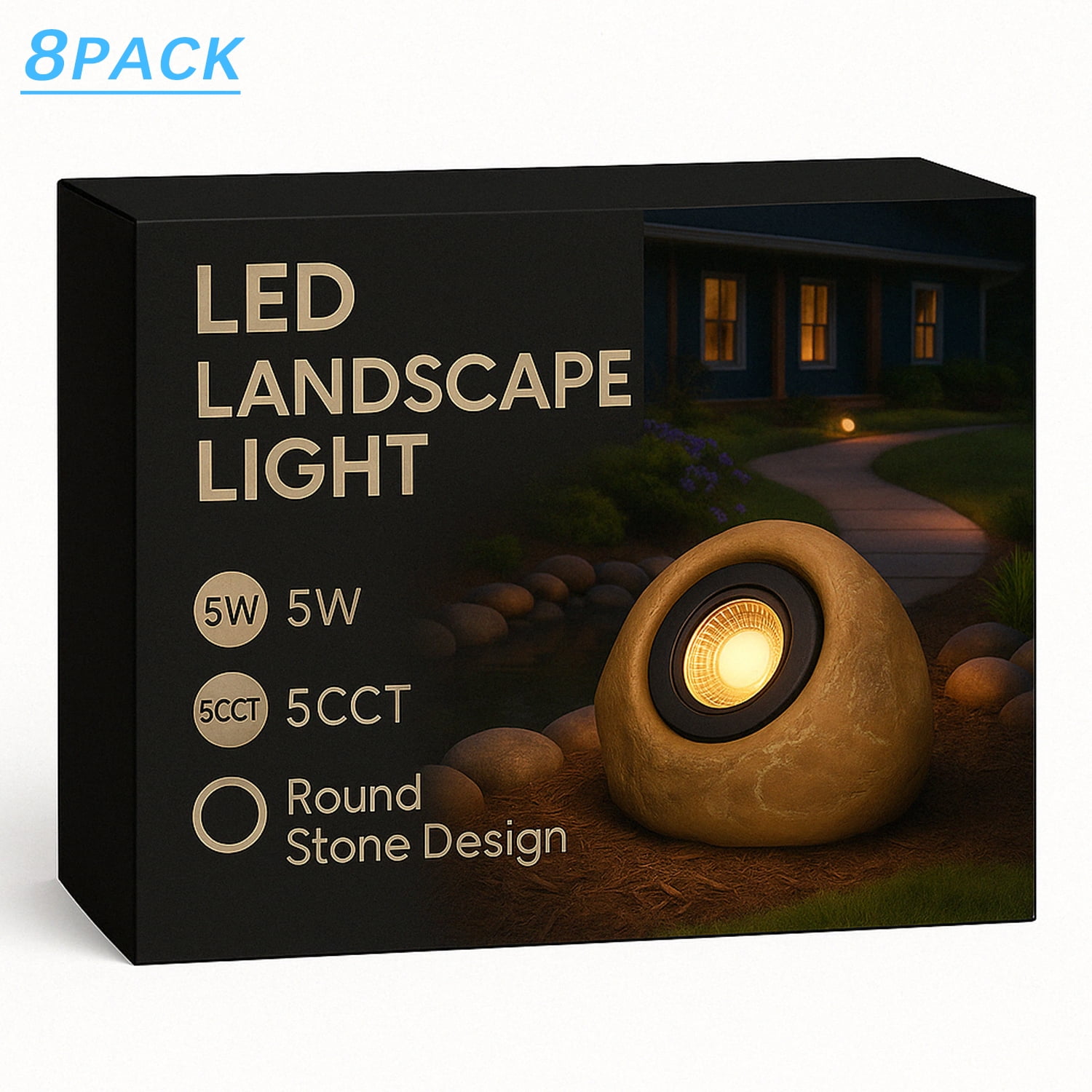 8 Pack 5CCT LED Garden Landscape Lighting, 12-24V AC/DC, 5W Low Voltage Outdoor Landscape Spotlights for Garden & Yard, Round Stone Light, IP65 Weatherproof, Yellow