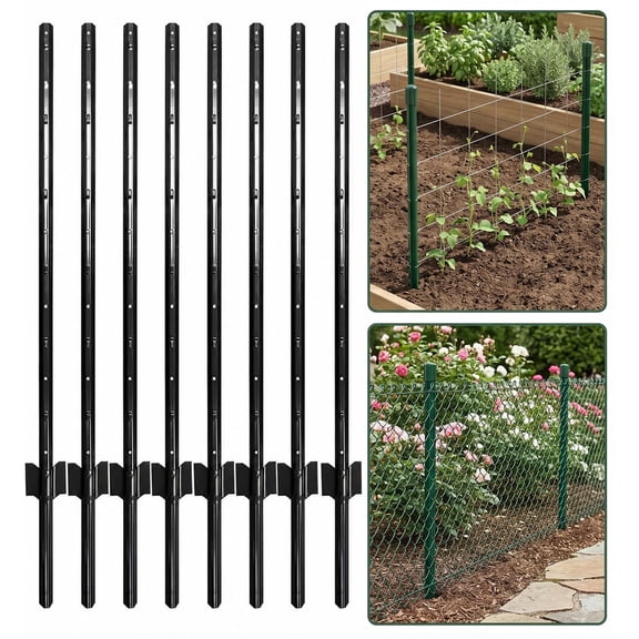 8 Pack 5ft Metal U Post Fence Poles - Step-in No Dig Stakes for Garden Yard