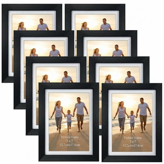 8-Pack 5x7 Black Picture Frame, Matted to 5x7 or 6x8 without Mat