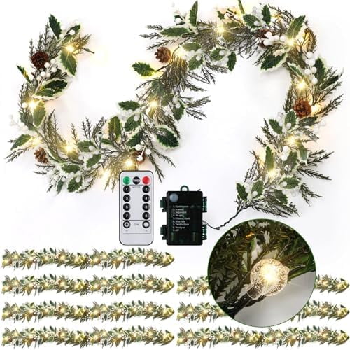 8 Pack 6 Ft Prelit Christmas Garland with Globe Lights Battery Operated with Timer Remote Artificial Lighted Holly Leaves Garland with Pine Cones Berries for Mantle Indoor Outdoor (White)