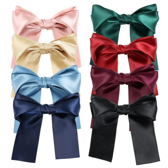 8 Pack 6 Inch Long Hair Ribbon Bow Alligator Clips Barrettes for Girls, Bowknot Satin Bows for Hair, Big Hair Bows for Women, Pink Red Blue Green Black Christmas Hair Bows Clips Accessories