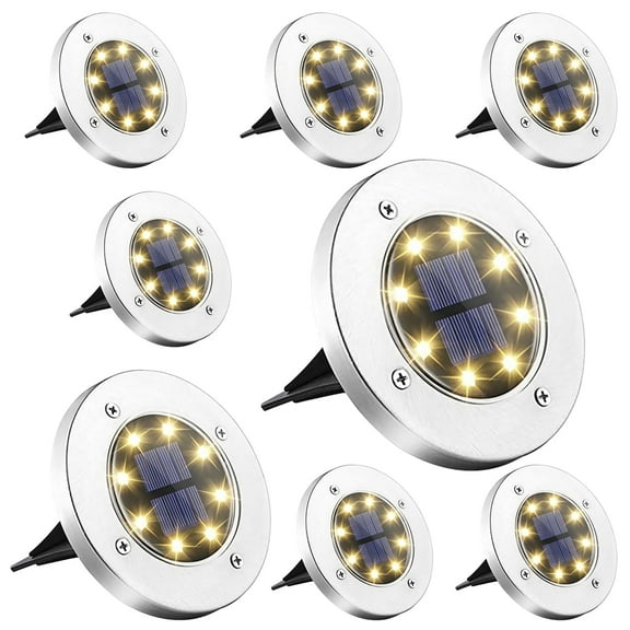 8 Pack 8 LED Solar Disk Lights, Outdoor Solar Ground Landscape Light for Garden Patio Decor, Warm White