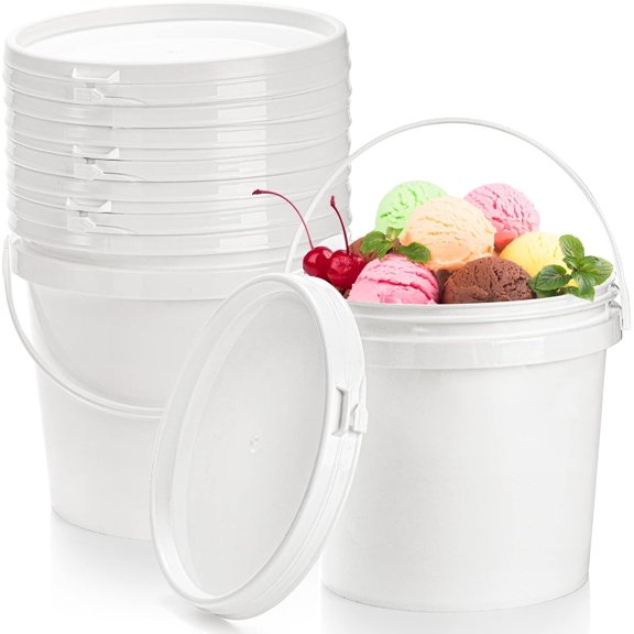 8 Pack 80oz Plastic Ice Cream Tub with Lid, Small Bucket with Handle, Food Grade Freezer Food Storage Containers, White