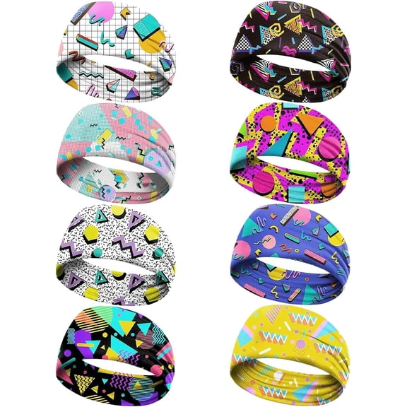 8 Pack 80s 90s Print Neon Headbands,80s Retro Accessories 90s Outfits for Women,Hairband for Masquerade Party Style Running Cycling