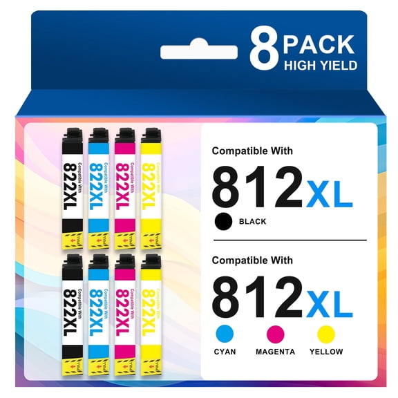 8-Pack 812XL Ink Cartridges Compatible for Epson 812 Ink Cartridges for Epson Workforce Pro WF-7820 WF-7840 WF-7310 Combo Pack