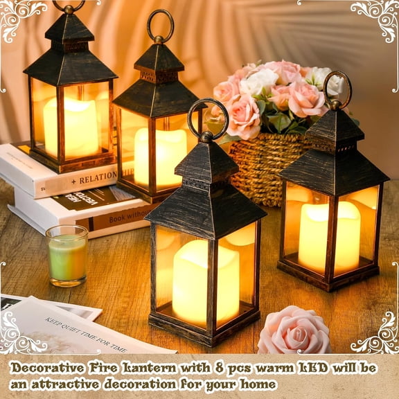 8 Pack 9" Decorative Candle Lantern with Flameless Candle Wood Grain Lantern Hanging Vintage Rustic Farmhouse Decor Wedding Decoration Table Centerpiece for Indoor Outdoor Party (Black)