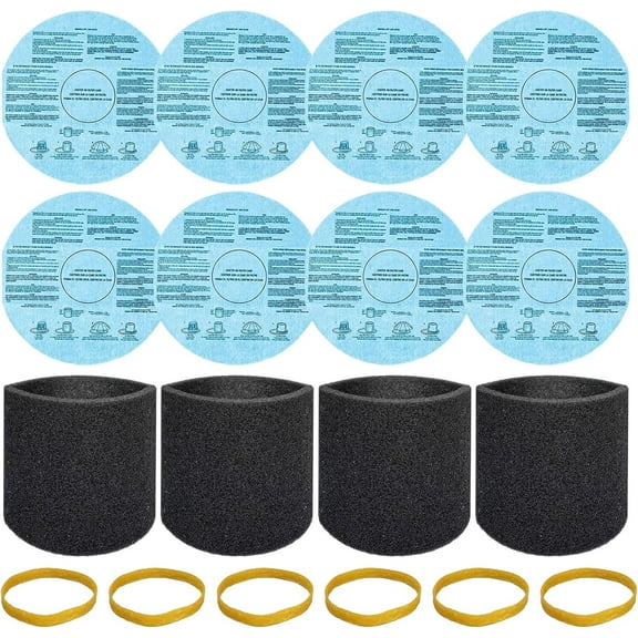 8 pack 90107/90137 Reusable Dry Filters and 4 Pcs 90585 Foam Sleeve Filter Kit Replacement for Shop Vac 5 Gallon and Above Wet/Dry Vacuum, Part# 9010700, 9013700, 9058500, with 6 Retaining Bands