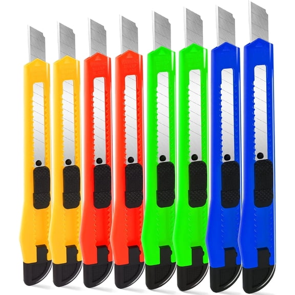 8 Pack 9mm Snap-Off Utility Knives Box Cutter Set Retractable Safety Blades for Packaging, Cartons, Office and Home Use