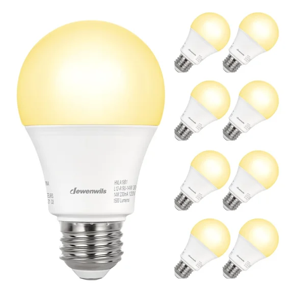 8-Pack A19 LED Light Bulb, 1500LM, 3000K Soft Warm Non Dimmable 14W