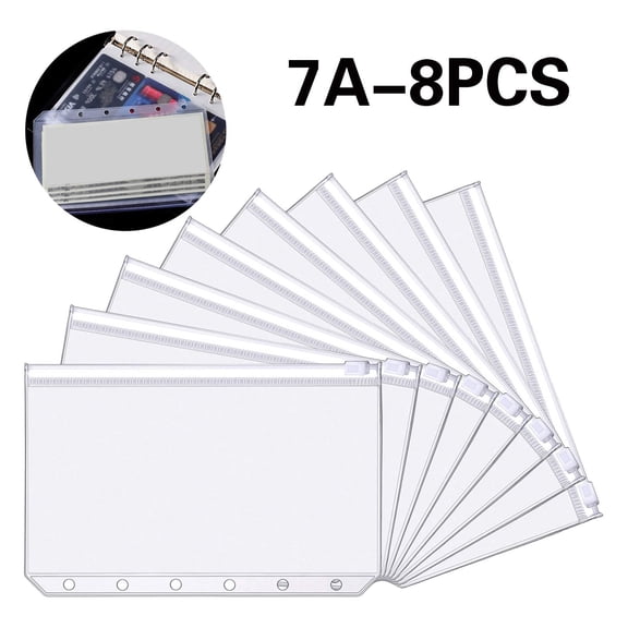 8 Pack A7 Size 6-Hole Binder Pockets, Clear Zipper Budget Cash Envelopes for Budgeting, Waterproof PVC Loose Leaf Document Pouch for A7 6-Ring Binders