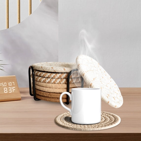 8 Pack Absorbent Braided Cotton Coasters, Round Woven Drink Cup Coasters for Tabletop Protection Home Bar Kitchen Decor