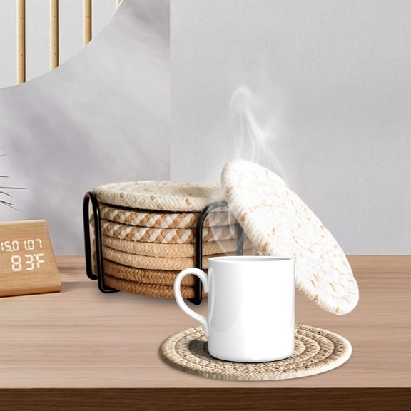 8 Pack Absorbent Braided Cotton Coasters, Round Woven Drink Cup Coasters for Tabletop Protection Home Bar Kitchen Decor