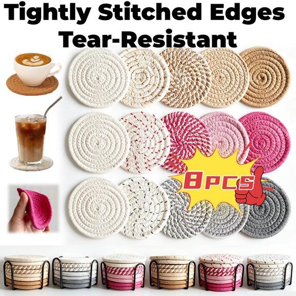 8 Pack Absorbent Coasters Set for Drinks with Holder, Soft Non-Slip Washable Heat Resistant Cotton Rope Woven Fabric Boho Coasters for Table, Kitchen, Bar, Modern Home Room Decor, Ccwuwei
