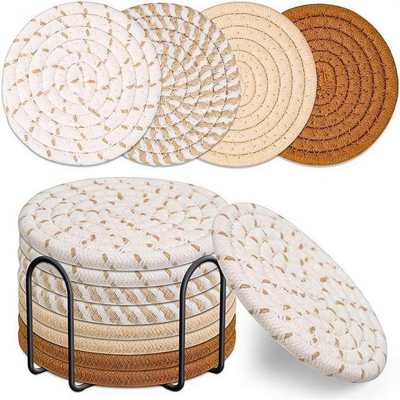 8-Pack Absorbent Drink Coasters with Holder – 4.3 Inch Woven Cotton & Linen Mats – Heat Resistant Tabletop Protection for Coffee, Beer, Mugs – Boho Home Decor