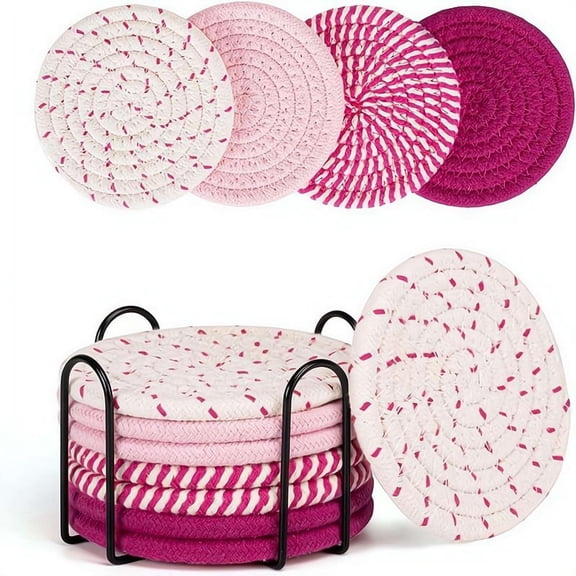 8-Pack Absorbent Drink Coasters with Holder – 4.3 Inch Woven Cotton & Linen Mats – Heat Resistant Tabletop Protection for Coffee, Beer, Mugs – Boho Home Decor