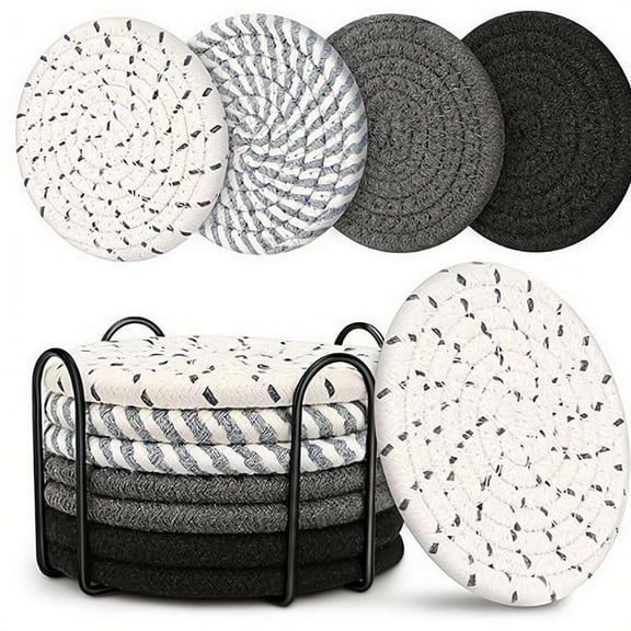 8-Pack Absorbent Drink Coasters with Holder – 4.3 Inch Woven Cotton & Linen Mats – Heat Resistant Tabletop Protection for Coffee, Beer, Mugs – Boho Home Decor