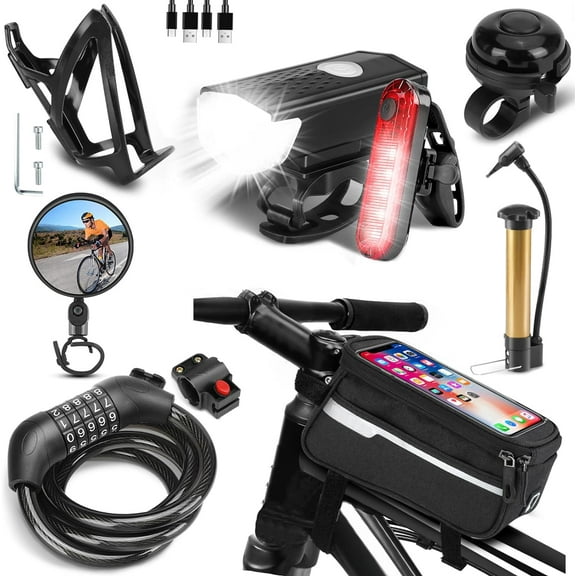 8 Pack Bicycle Accessories, USB Rechargeable Bike Light Set, Water Bottle Holder, Bag, Pump and Bell