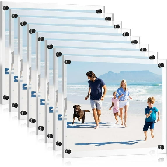 8 Pack Acrylic Floating Picture Frame 8.5 x 11 Inches Wall Mount Frameless Photo Frames Double Panel Clear for Home Office Photo Display, Full Size 9.6 x 13.2 Inch(Black)