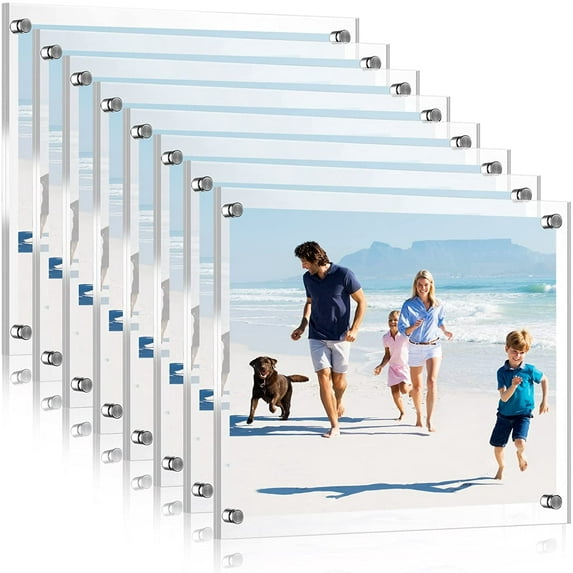 8 Pack Acrylic Floating Picture Frame 8.5 x 11 Inches Wall Mount Frameless Photo Frames Double Panel Clear for Home Office Photo Display, Full Size 9.6 x 13.2 Inch(Silver)